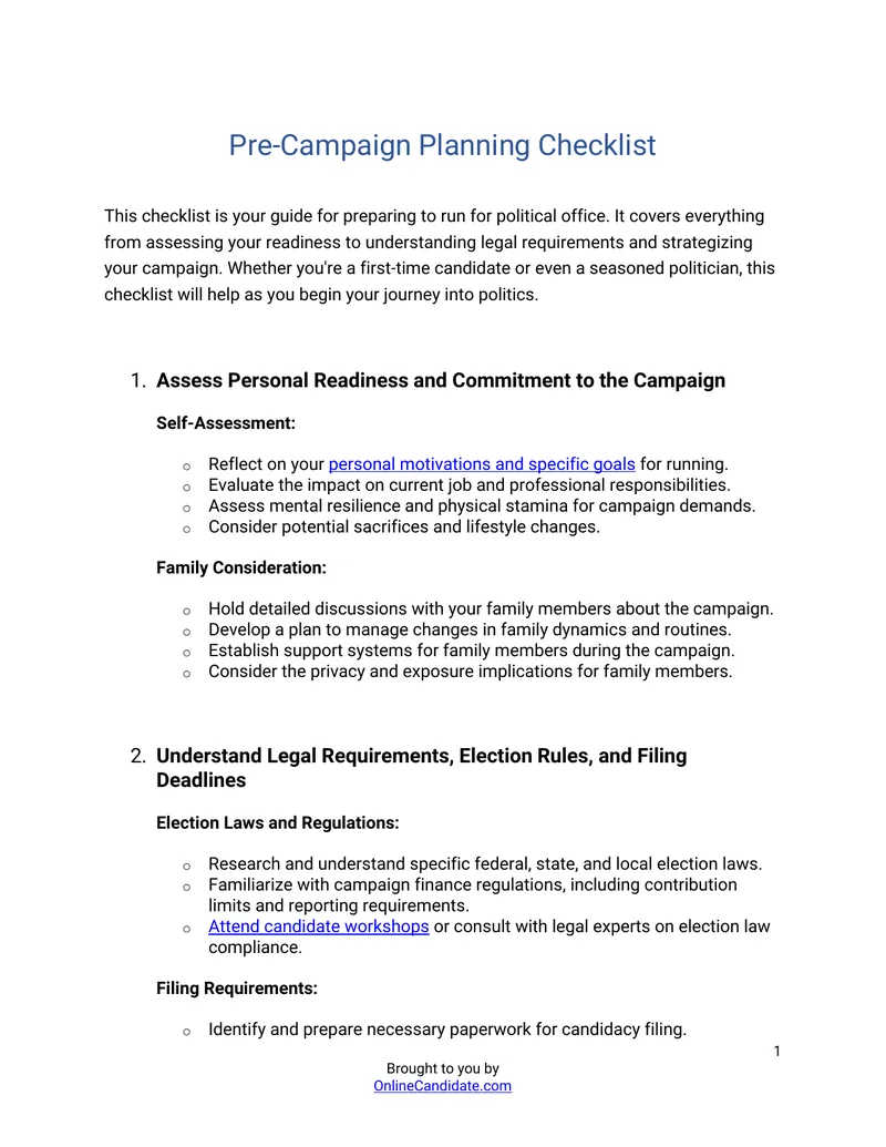 Pre-Campaign Planning Checklist for Political Candidates