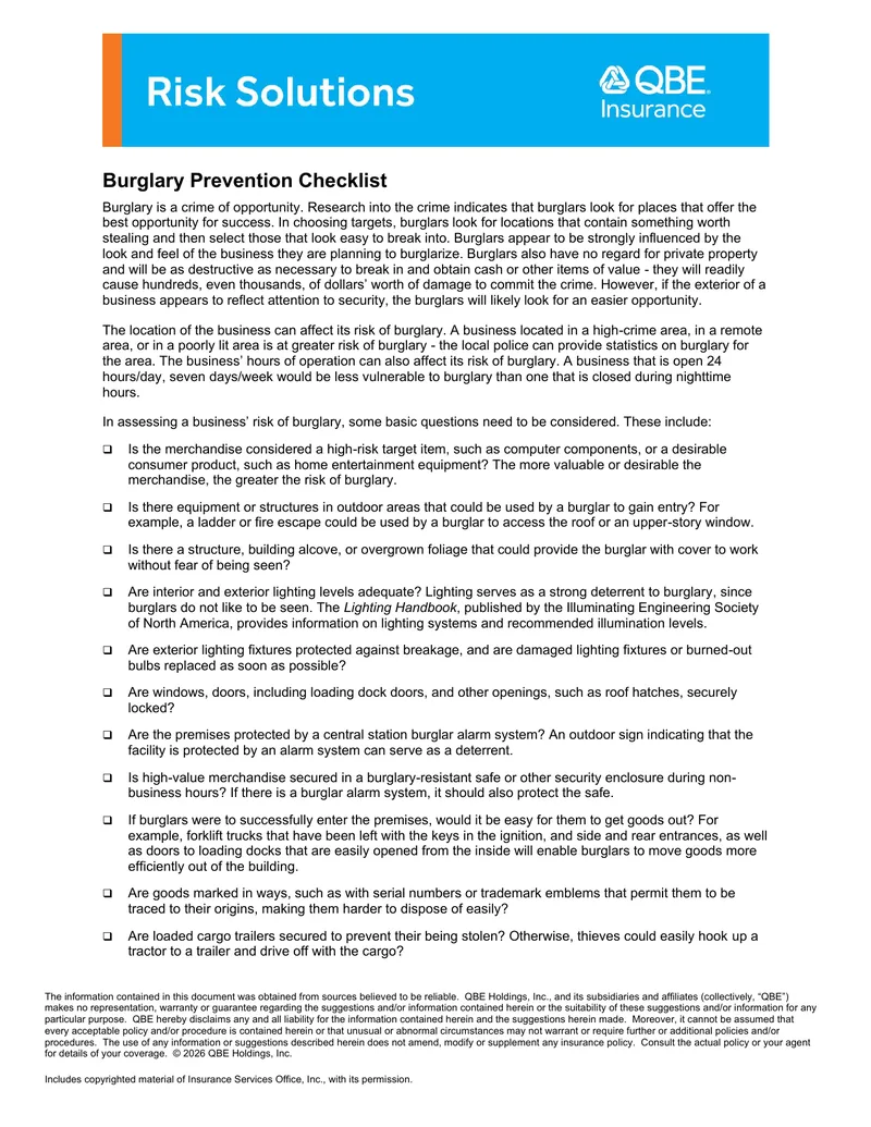 Burglary Prevention Checklist for Businesses