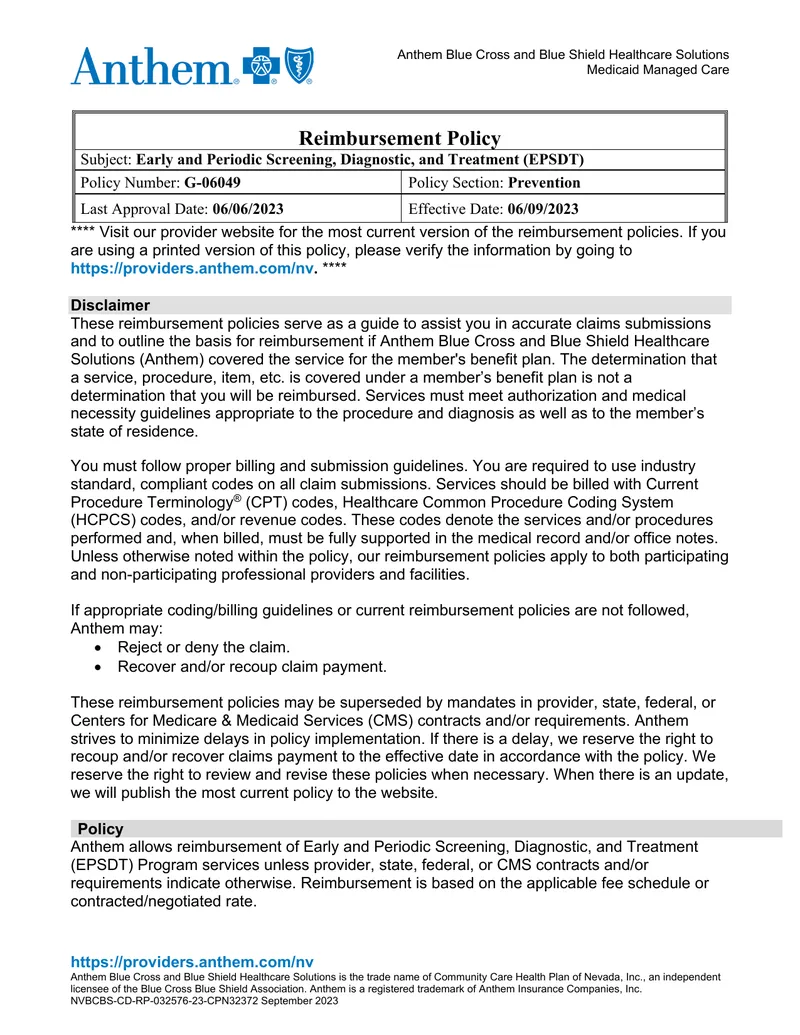 EPSDT Reimbursement Policy for Medicaid Managed Care