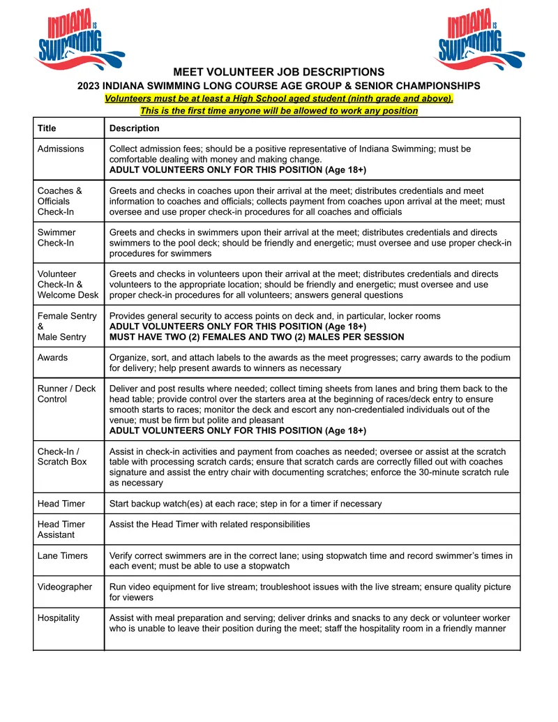 Indiana Swimming Volunteer Job Descriptions