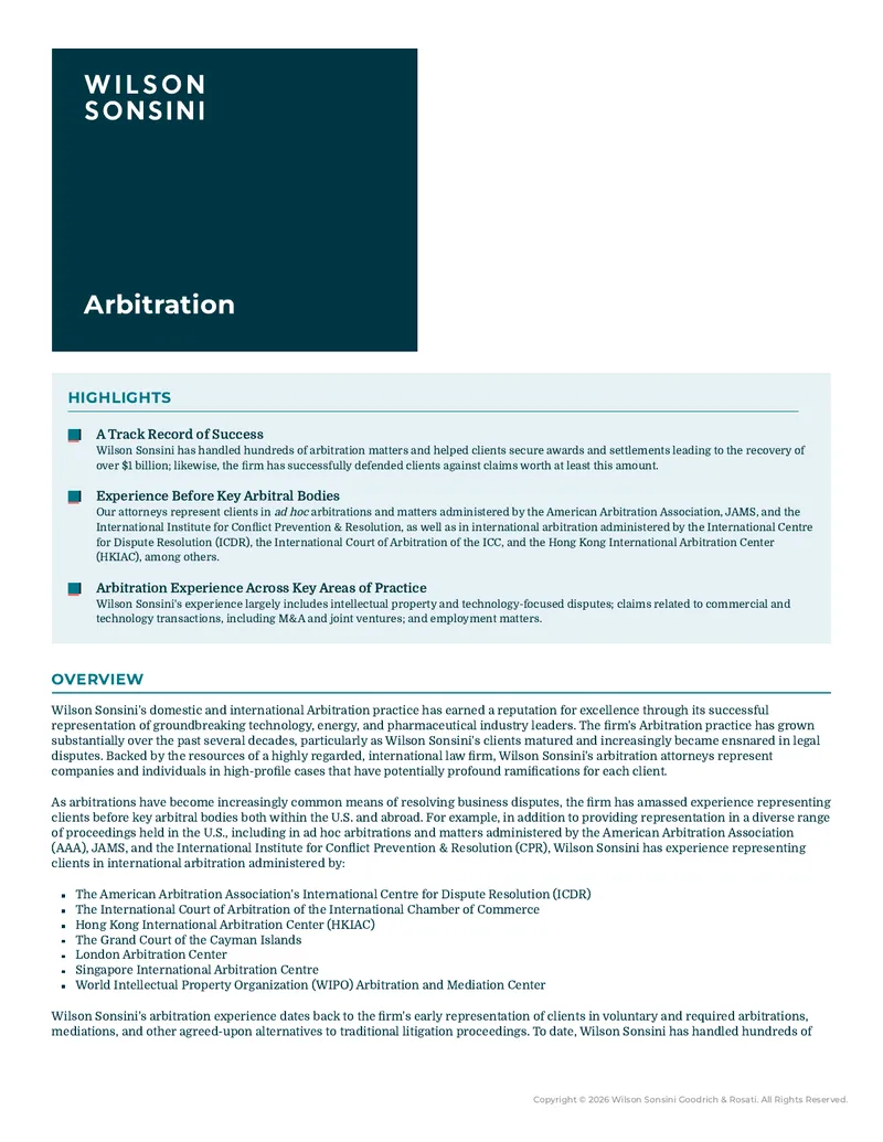 Wilson Sonsini Arbitration Practice Overview