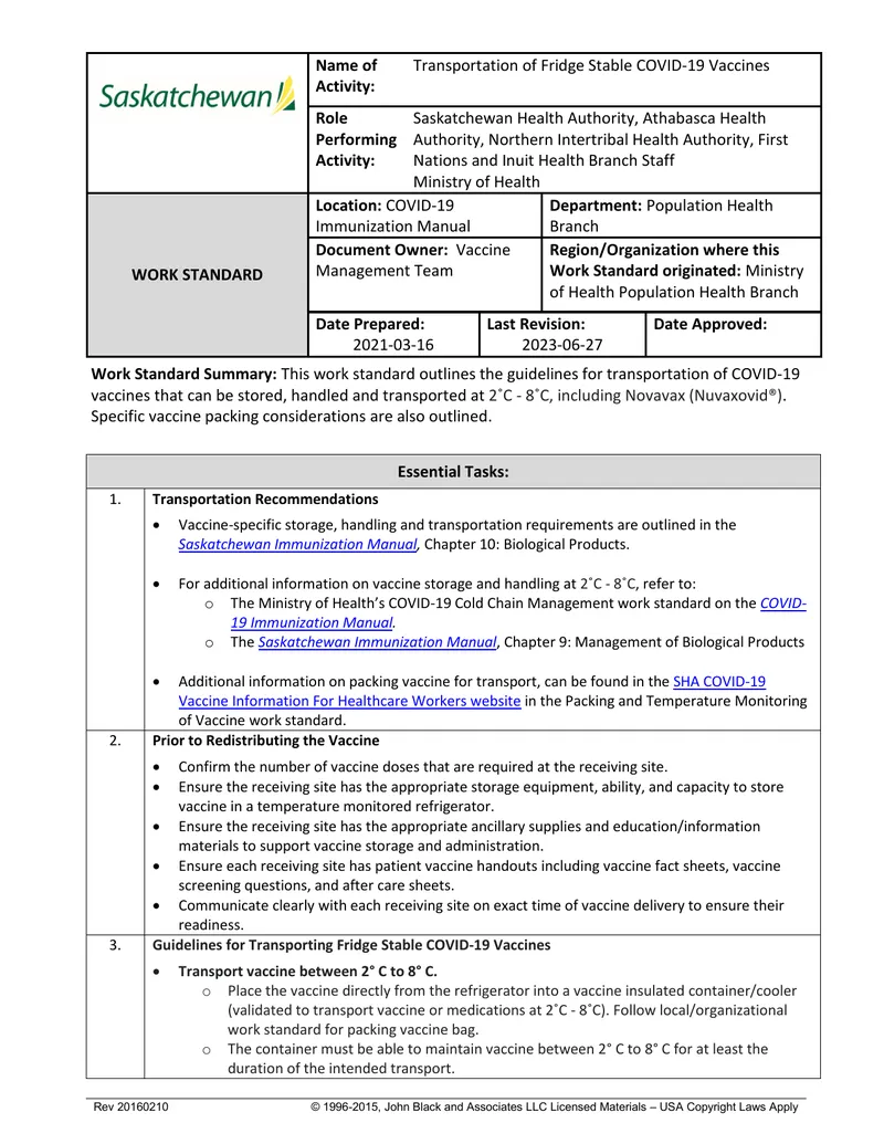 Transportation Guidelines for Fridge Stable COVID-19 Vaccines