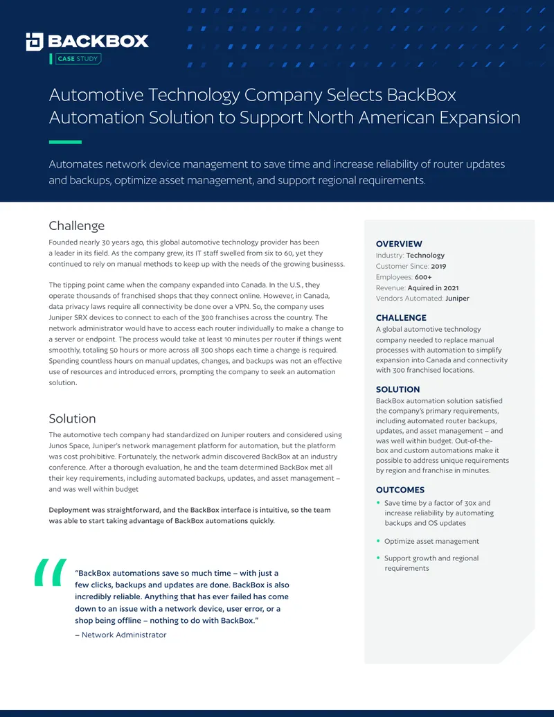 Automotive Technology Company Implements BackBox Automation Solution