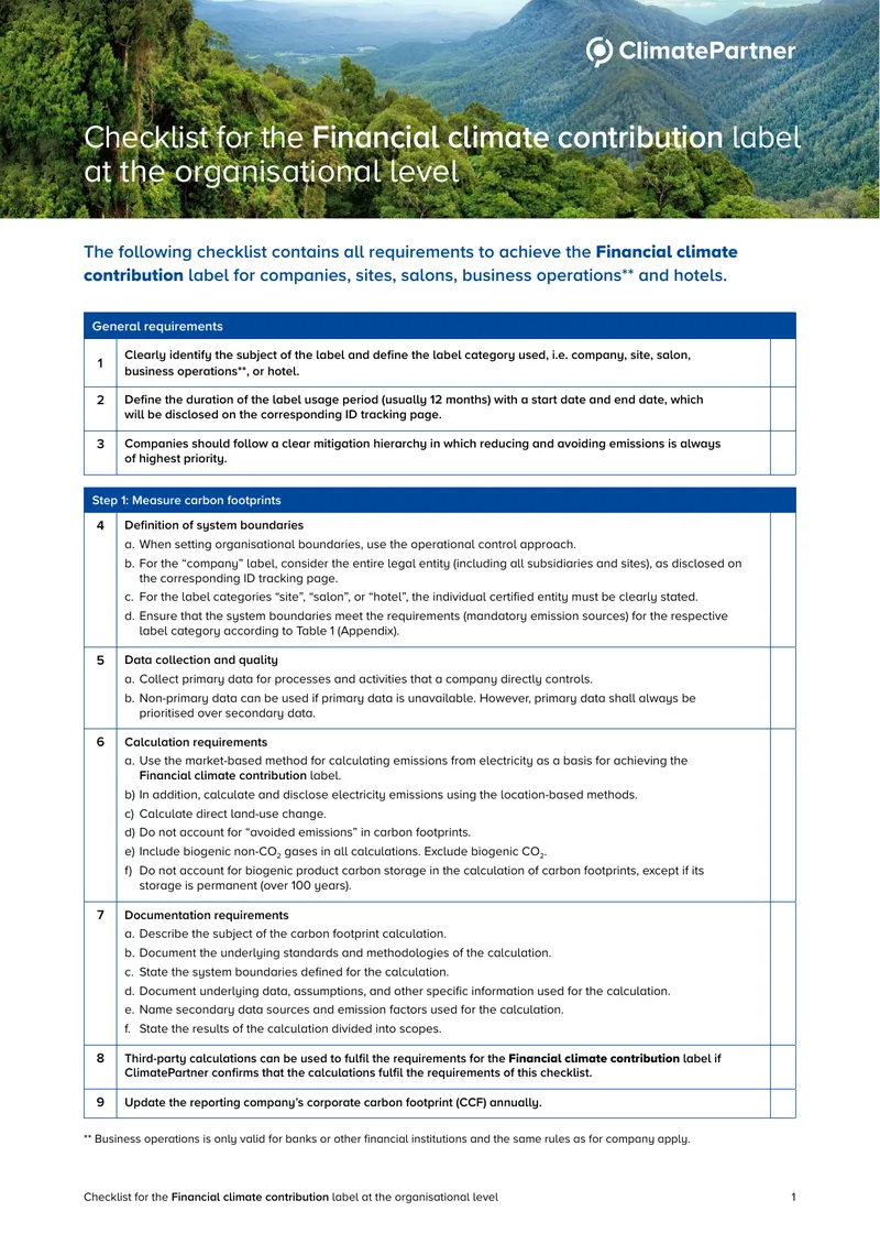 Checklist for Financial Climate Contribution Label