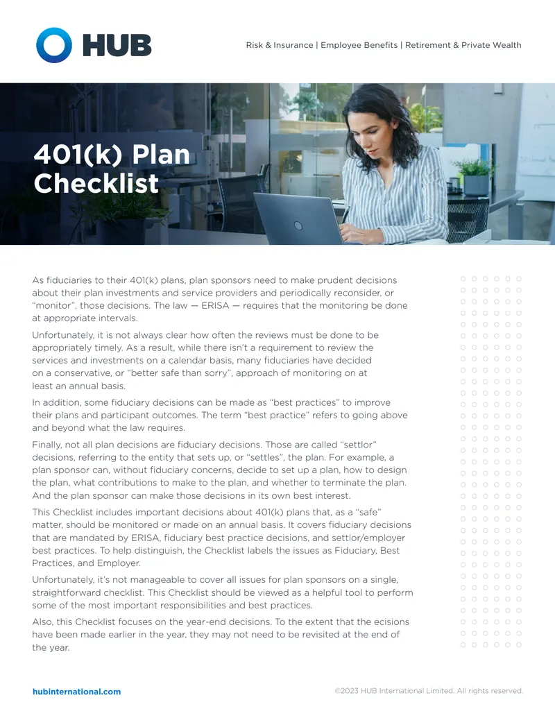 401(k) Plan Monitoring and Best Practices Checklist