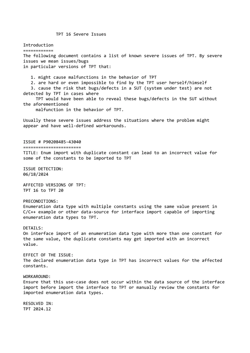 TPT 16 Known Severe Issues Documentation
