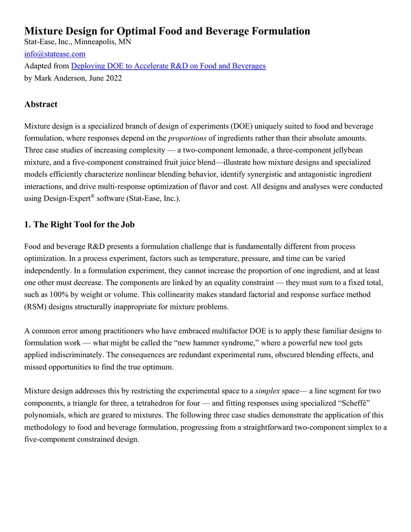 Mixture Design Methodology for Food and Beverage Formulation