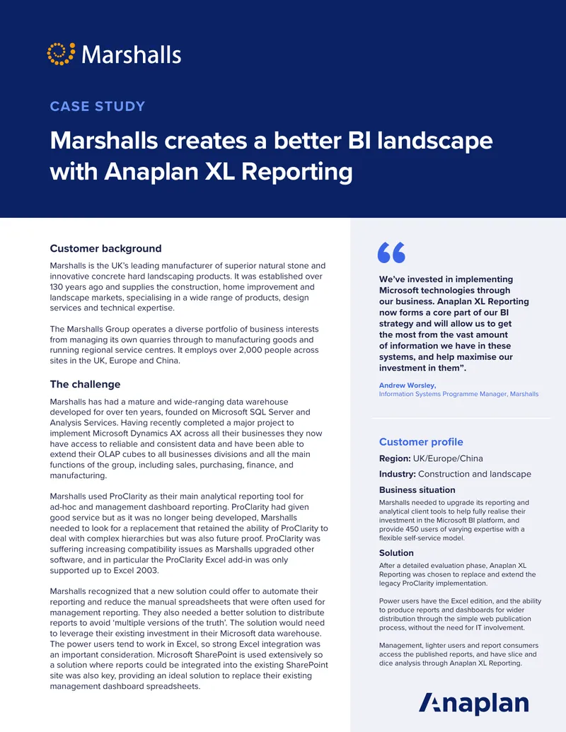 Marshalls Case Study on Anaplan XL Reporting Implementation
