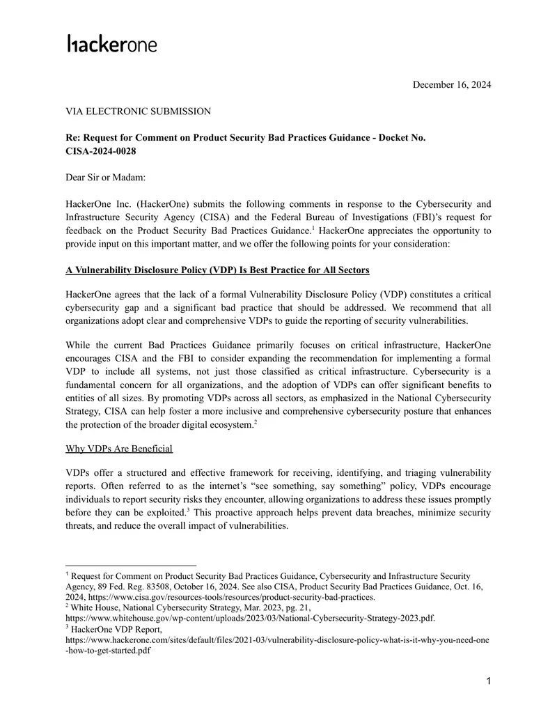 Comments on Product Security Bad Practices Guidance