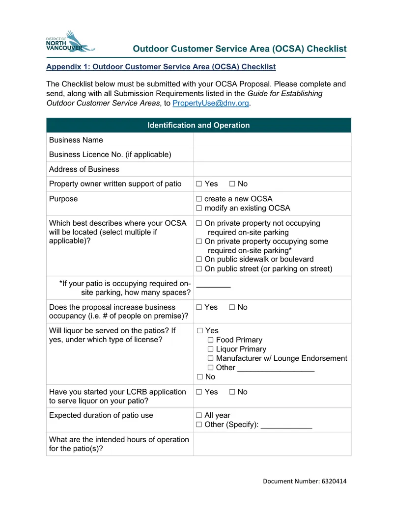 Outdoor Customer Service Area Proposal Checklist
