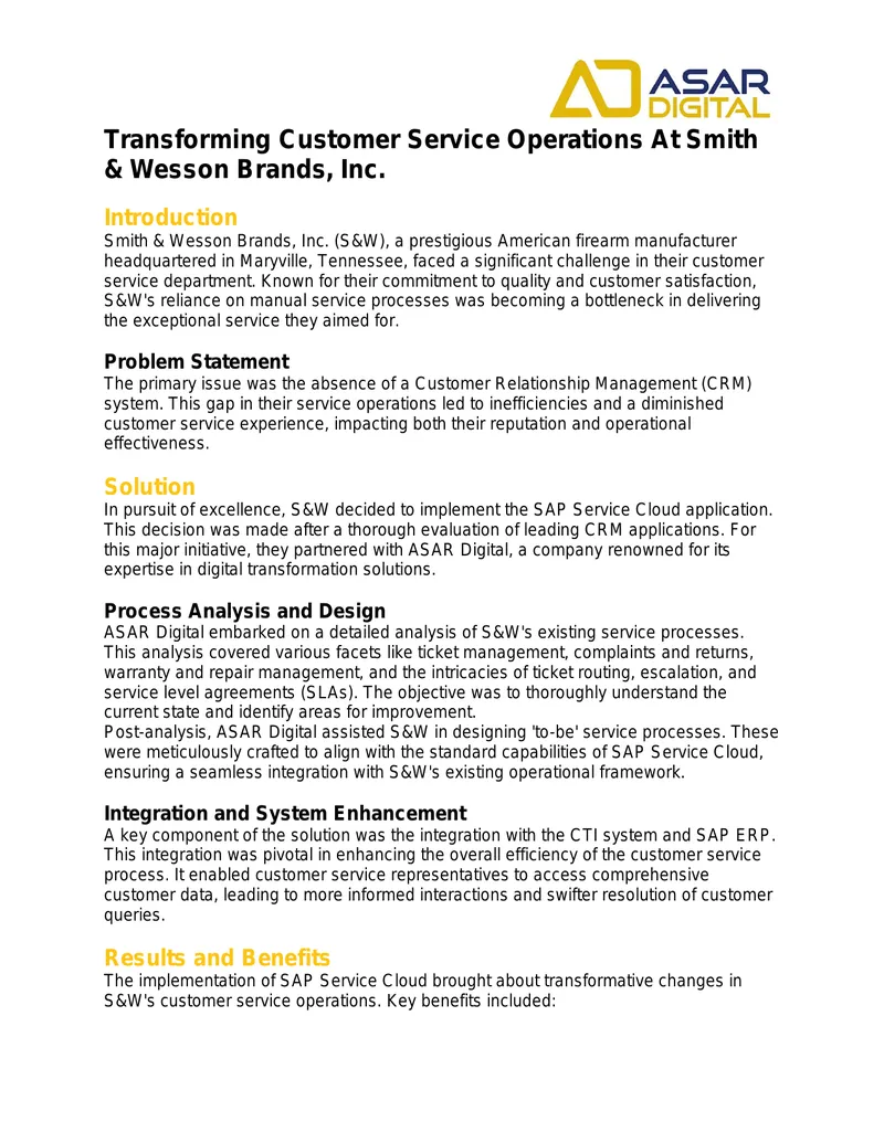 Transforming Customer Service Operations at Smith & Wesson preview page 1