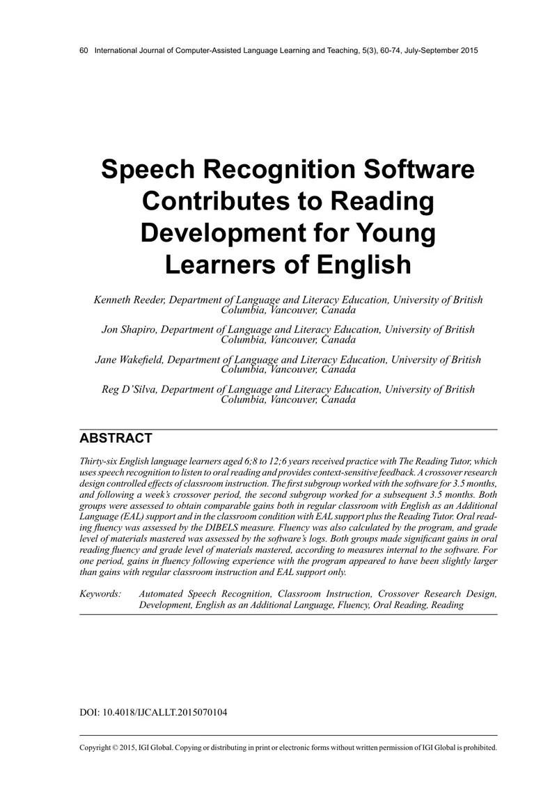 Automated Speech Recognition in Reading Development