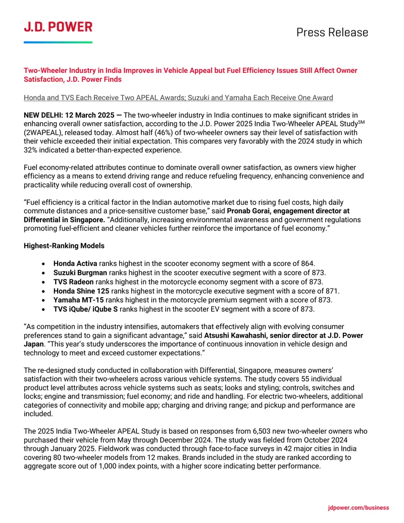 2025 India Two-Wheeler APEAL Study Findings