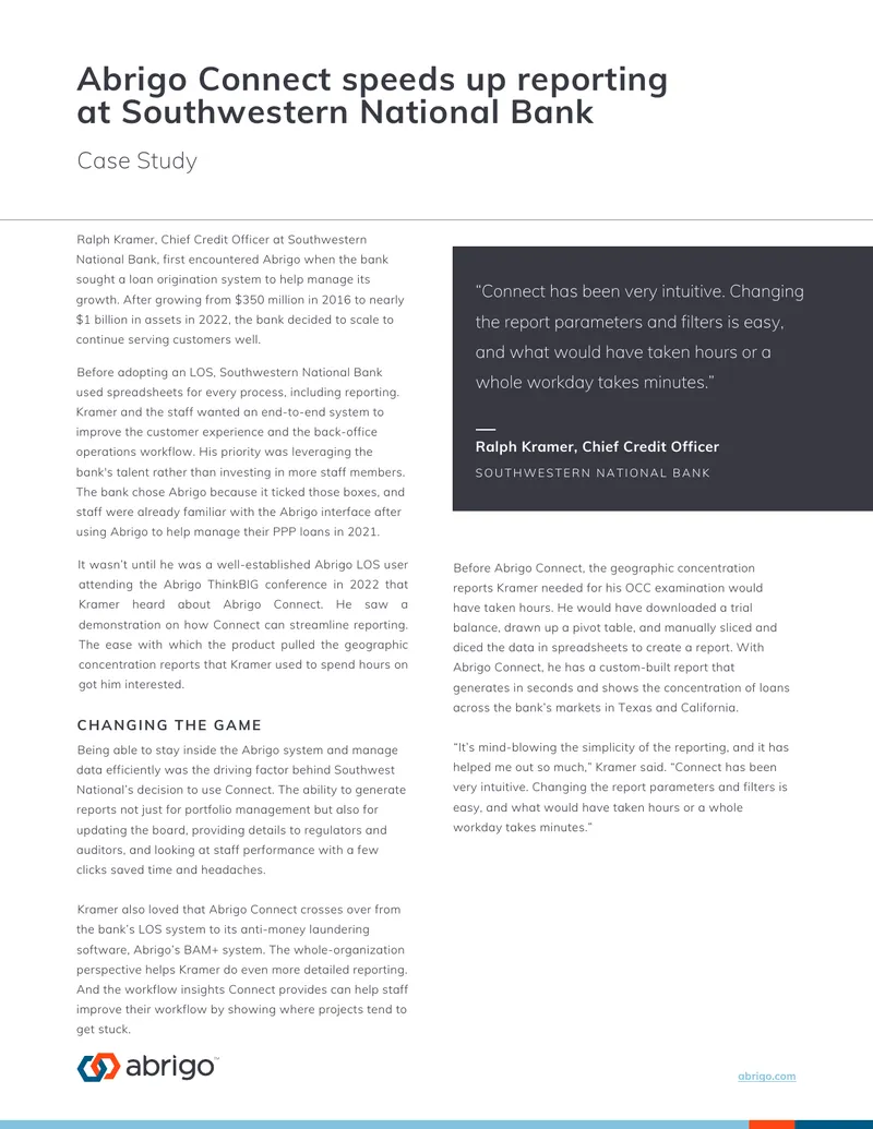 Abrigo Connect Enhancements for Southwestern National Bank