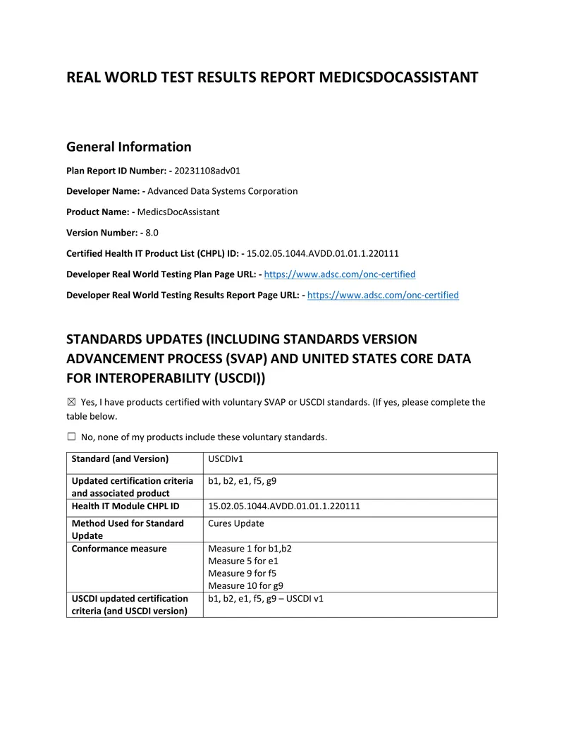 Real World Test Results Report for MedicsDocAssistant