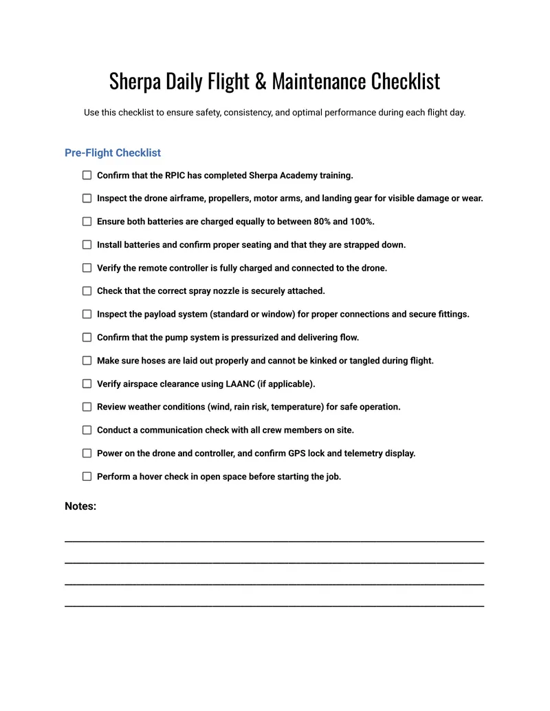 Sherpa Daily Flight and Maintenance Checklist