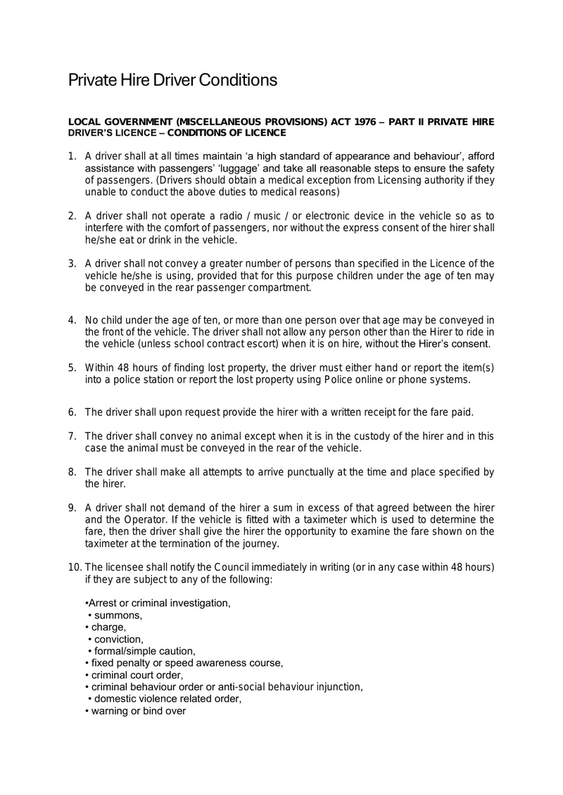 Private Hire Driver Licence Conditions