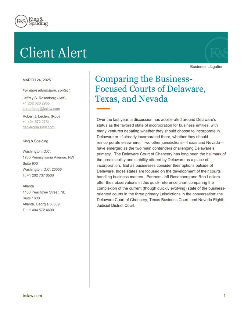 Comparison of Business Courts in Delaware, Texas, and Nevada