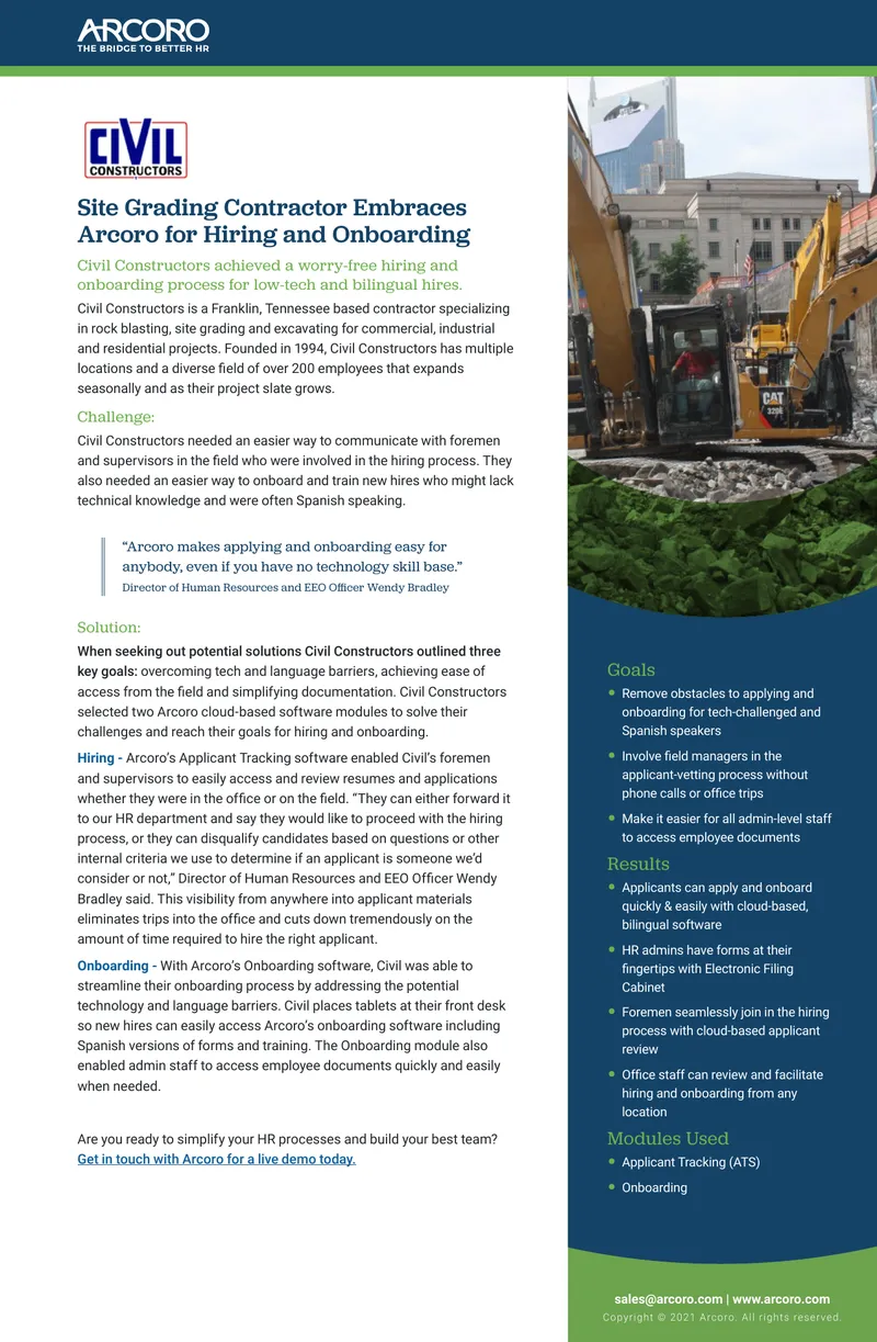Civil Constructors Implements Arcoro for Hiring and Onboarding