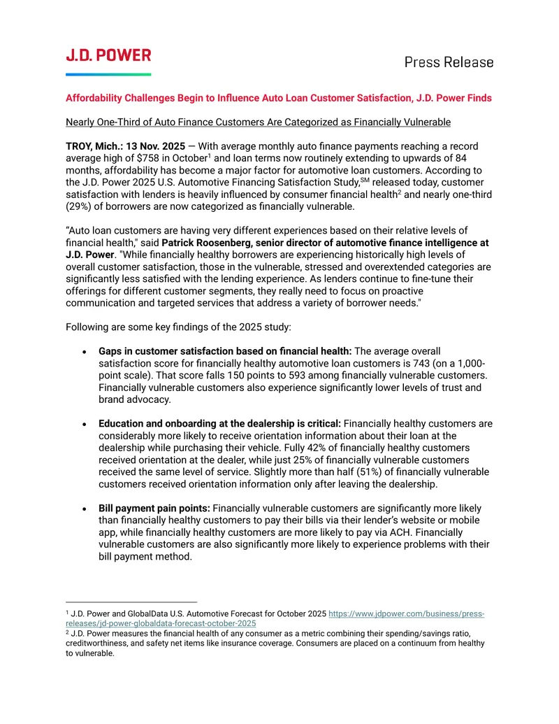 2025 U.S. Automotive Financing Satisfaction Study Findings