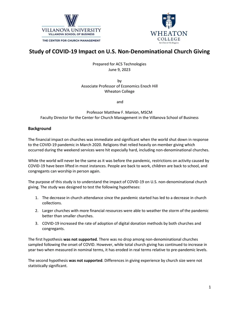 Study of COVID-19 Impact on U.S. Non-Denominational Church Giving