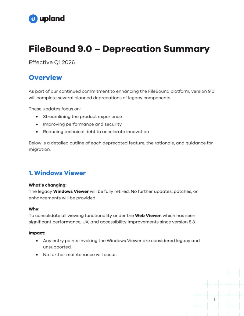 FileBound 9.0 Deprecation Summary and Migration Guidance