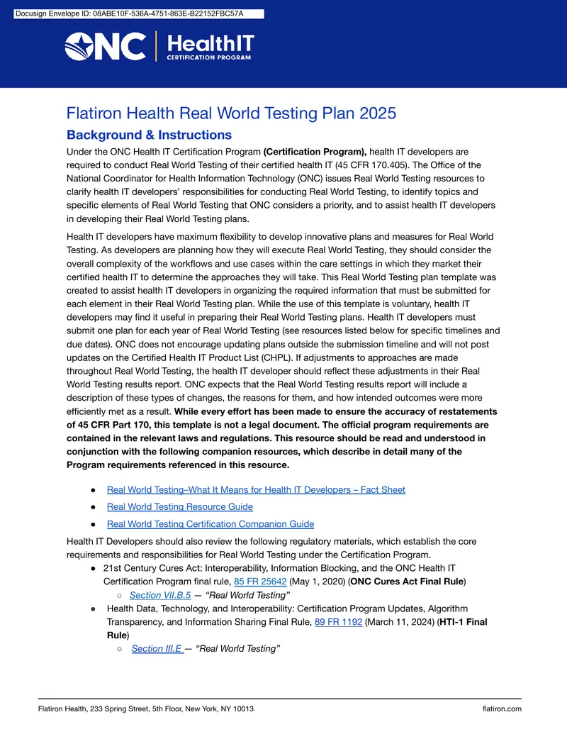 Flatiron Health Real World Testing Plan 2025