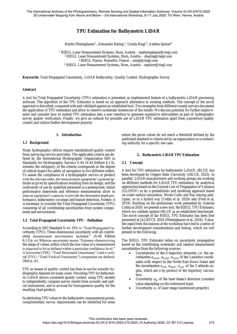 TPU Estimation Methodology for Bathymetric LiDAR