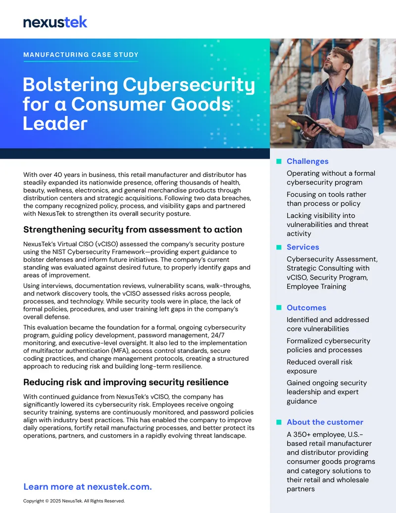 Cybersecurity Enhancement for Consumer Goods Manufacturer