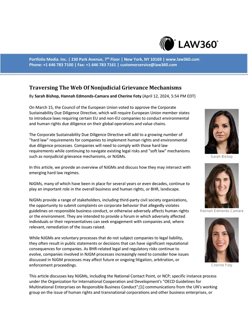 Nonjudicial Grievance Mechanisms and Corporate Compliance