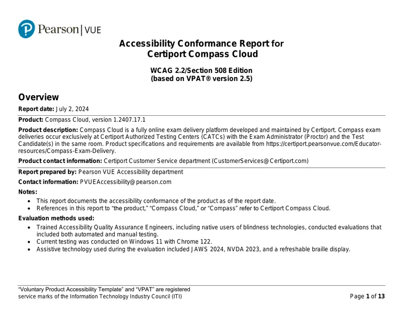 Accessibility Conformance Report for Certiport Compass Cloud