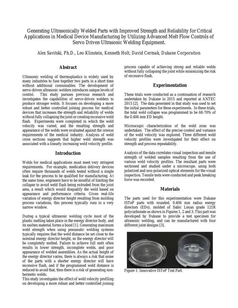 Ultrasonic Welding Process for Medical Devices