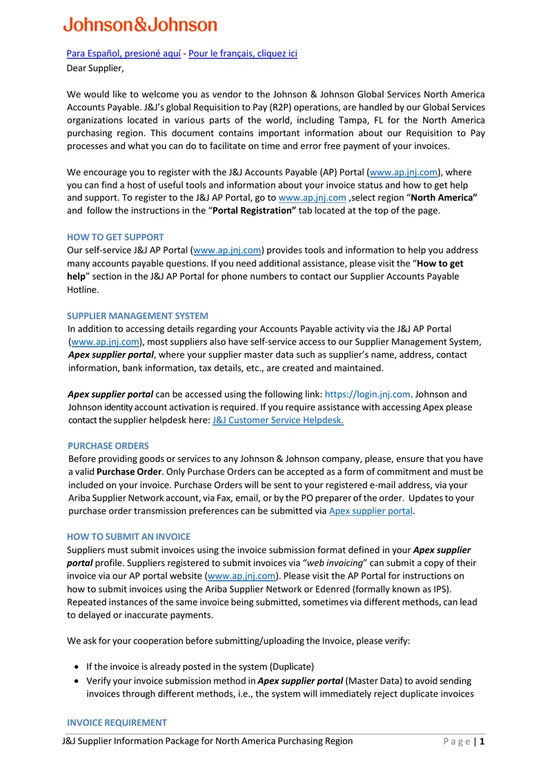 J&J Supplier Information Package for North America Purchasing