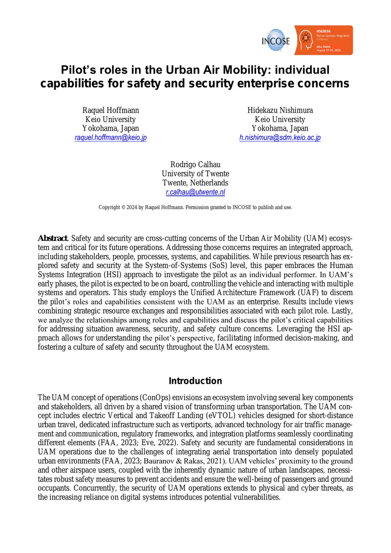 Pilot Roles in Urban Air Mobility Safety and Security