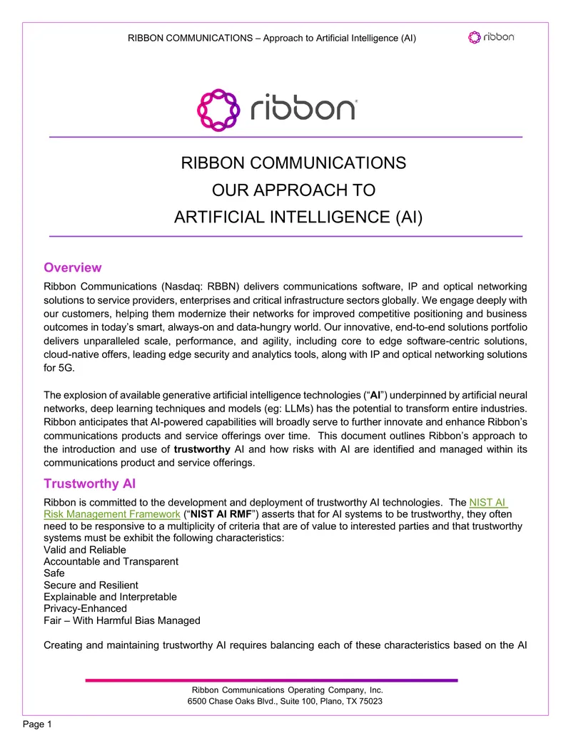 Ribbon Communications Approach to Artificial Intelligence