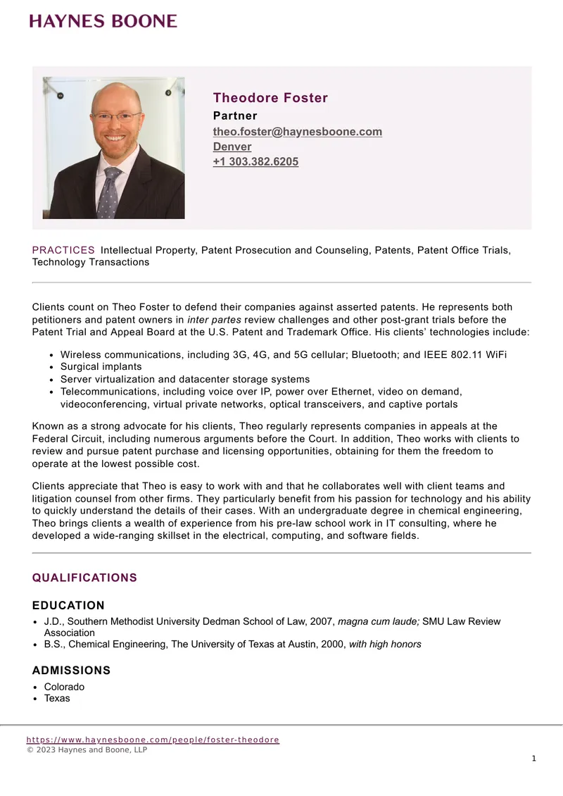 Theodore Foster Professional Profile