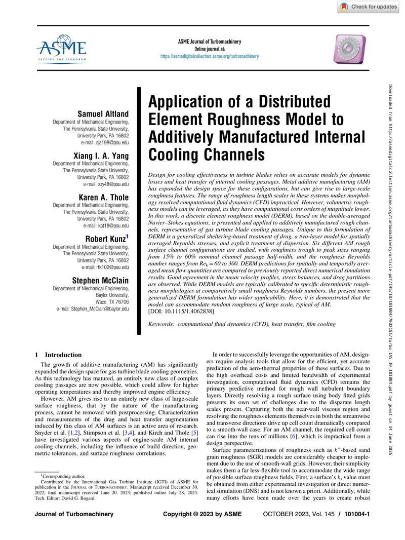 Distributed Element Roughness Model for Cooling Channels