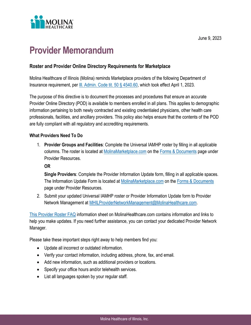 Provider Online Directory Requirements for Marketplace