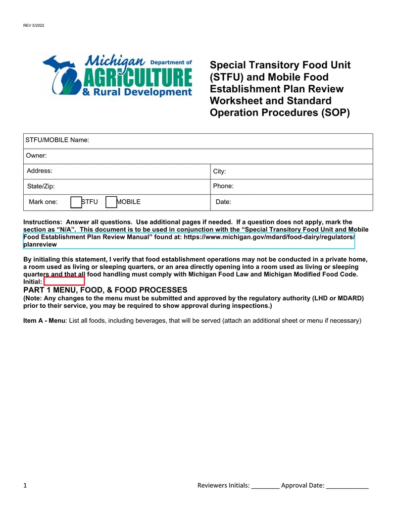 Special Transitory Food Unit and Mobile Food Establishment Plan Review