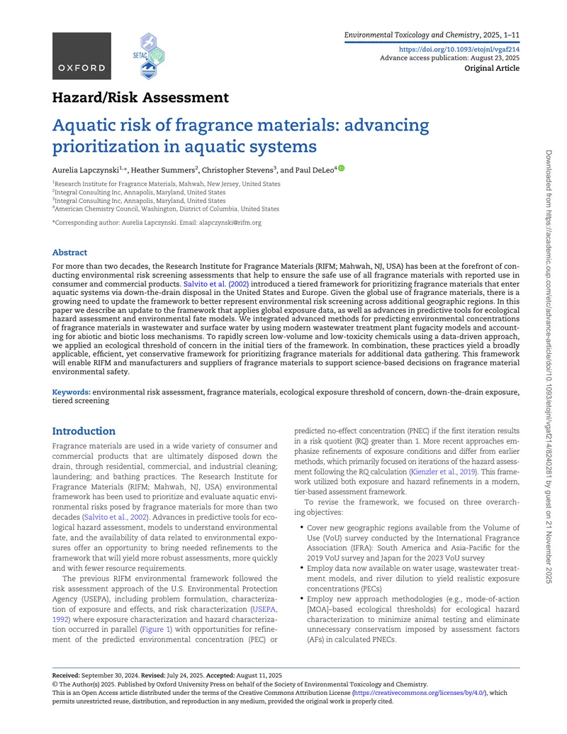 Aquatic Risk Assessment Framework for Fragrance Materials