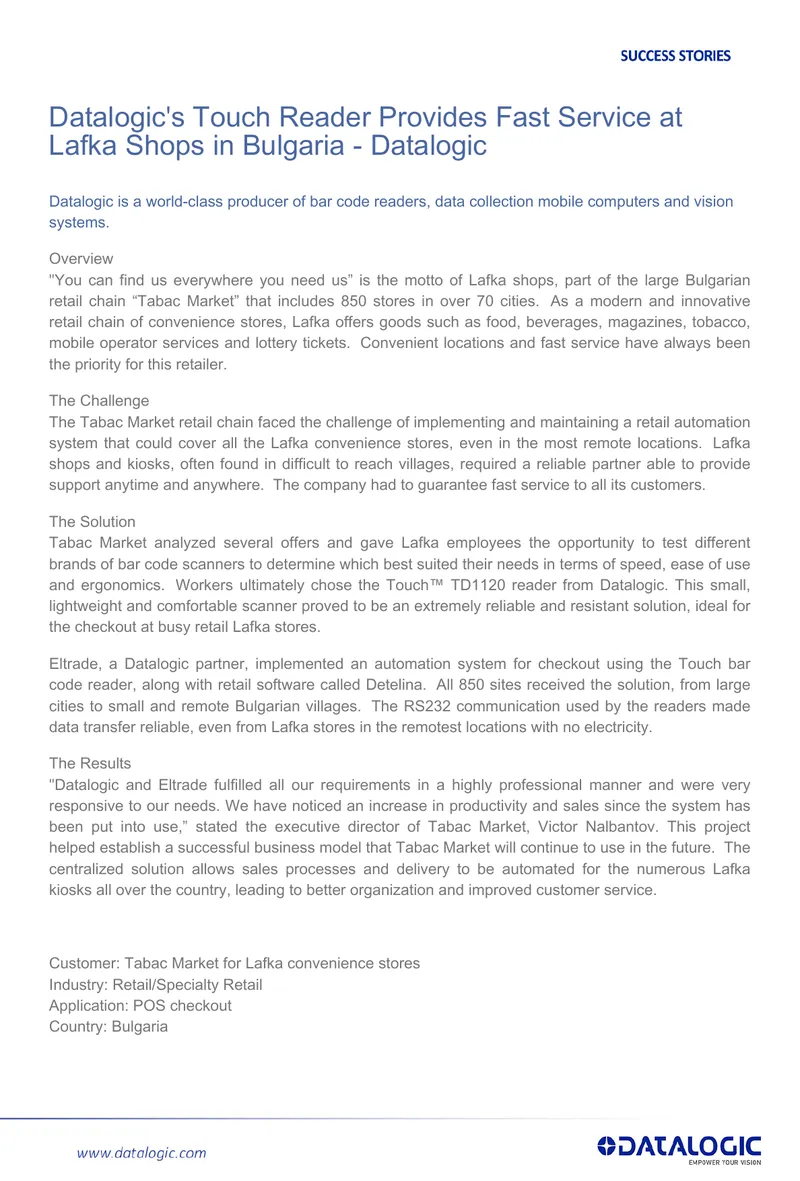 Datalogic Touch Reader Implementation at Lafka Shops