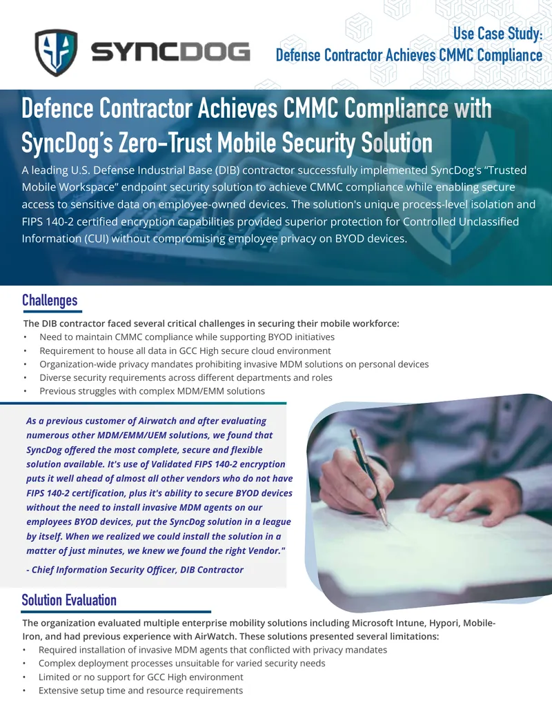 Defense Contractor Achieves CMMC Compliance with SyncDog Solution