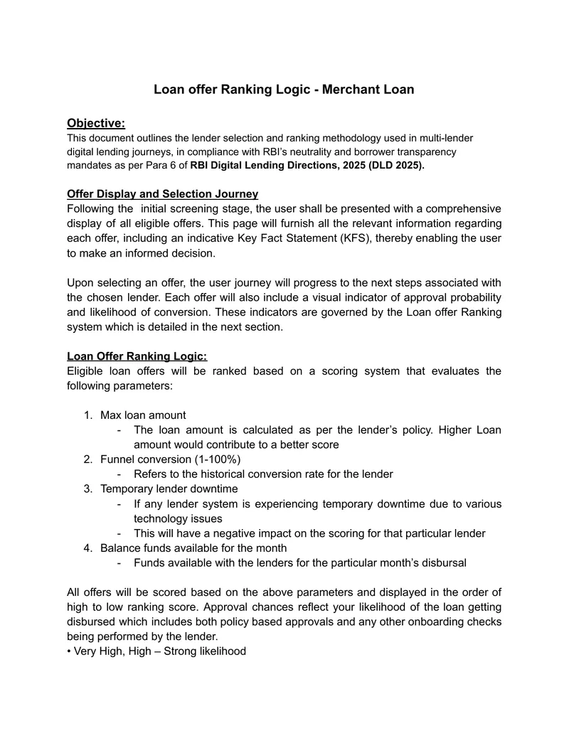 Loan Offer Ranking Methodology for Digital Lending