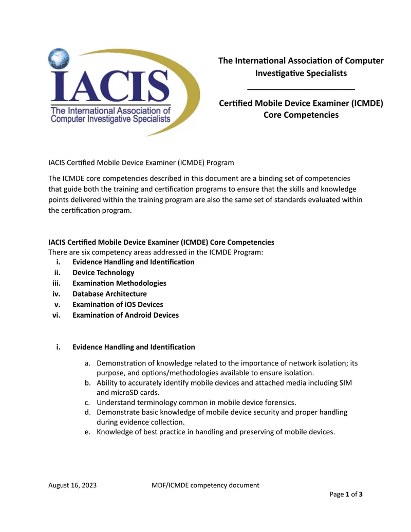 IACIS Certified Mobile Device Examiner Competency Document