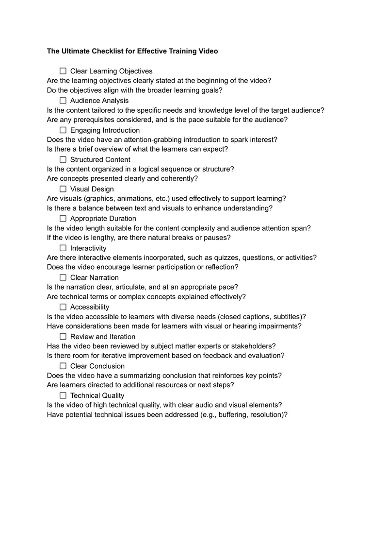 Checklist for Effective Training Video Development