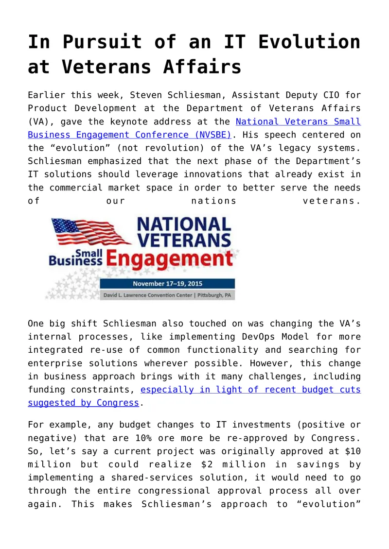 IT Evolution Strategies at Veterans Affairs
