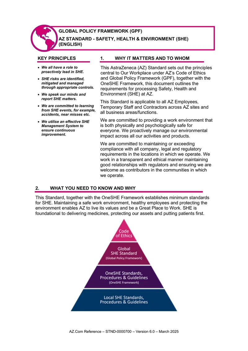 AstraZeneca Safety, Health and Environment Standard