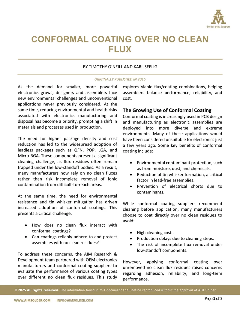 Compatibility of Conformal Coatings with No Clean Flux