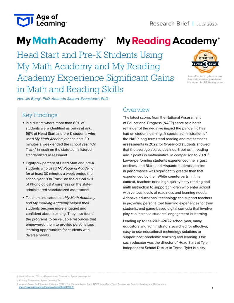 Impact of My Math Academy and My Reading Academy on Early Learning