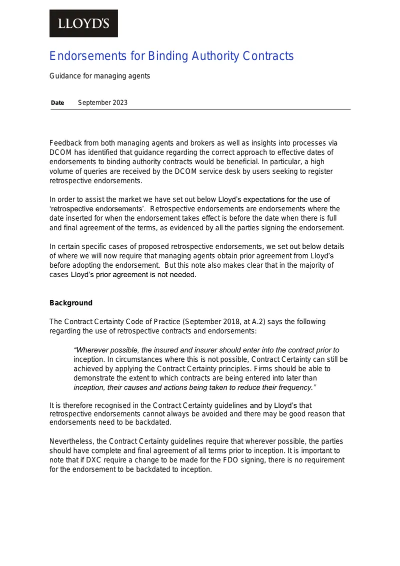 Guidance on Retrospective Endorsements for Binding Authority Contracts